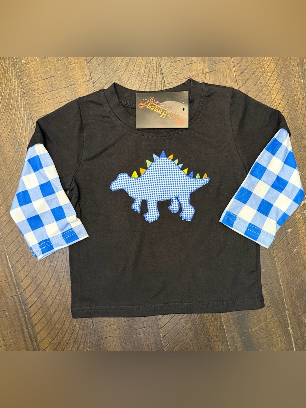 Brand New Boy’s Blue Plaid Long Sleeve Embroidered Dinosaur Raglan Shirt